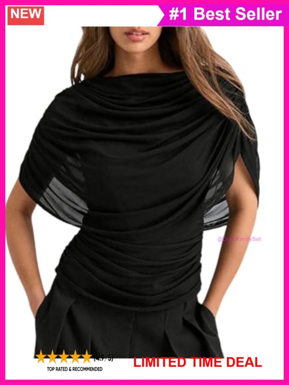Ruched Mesh Cape Top Short Sleeve Draped Boat Neck Cinched Waist Slim Fit Blouse